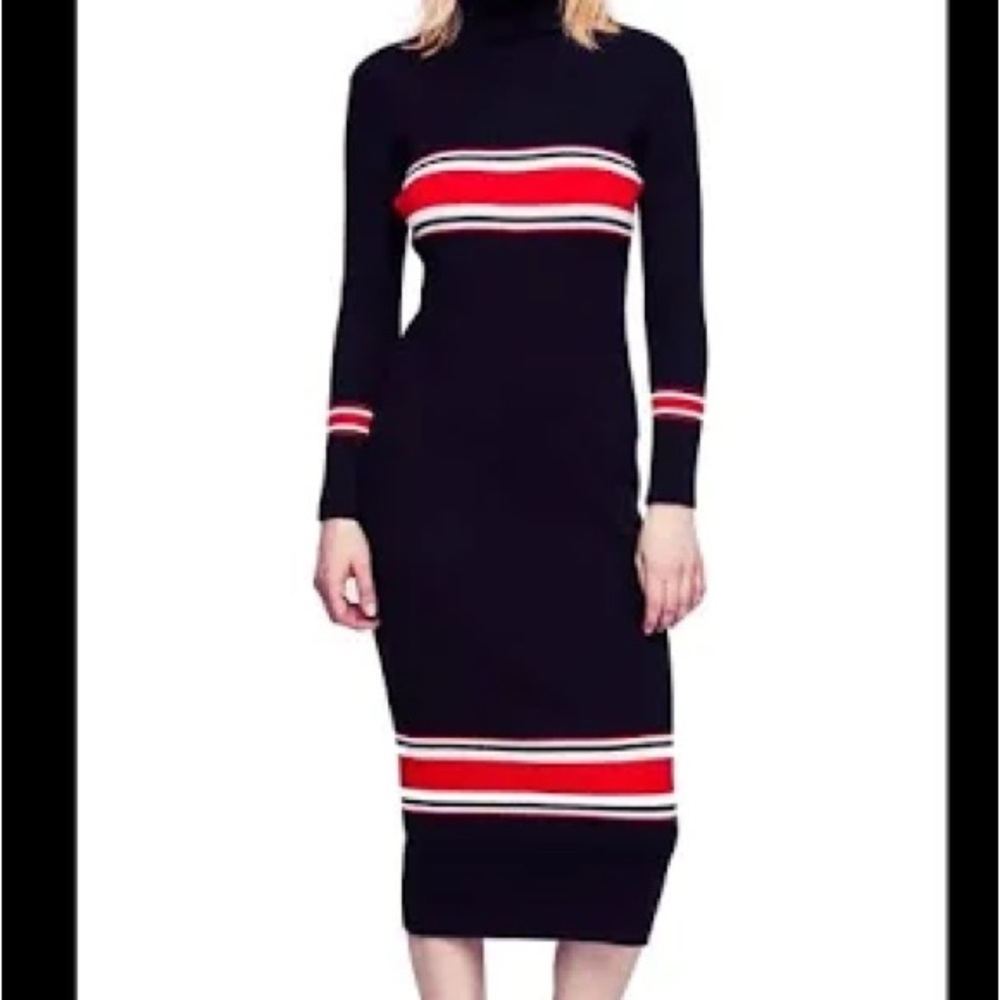 Free People Sport Stripe Midi Dress Sweater Turtleneck Black Contemporary Size S